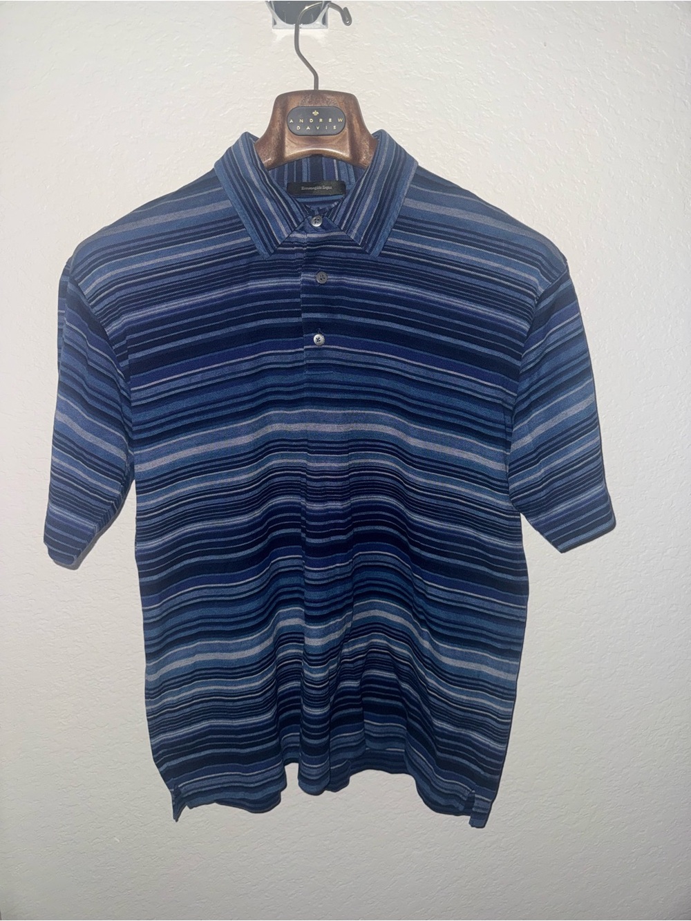 Zegna Blue White Striped Knit Polo L $395